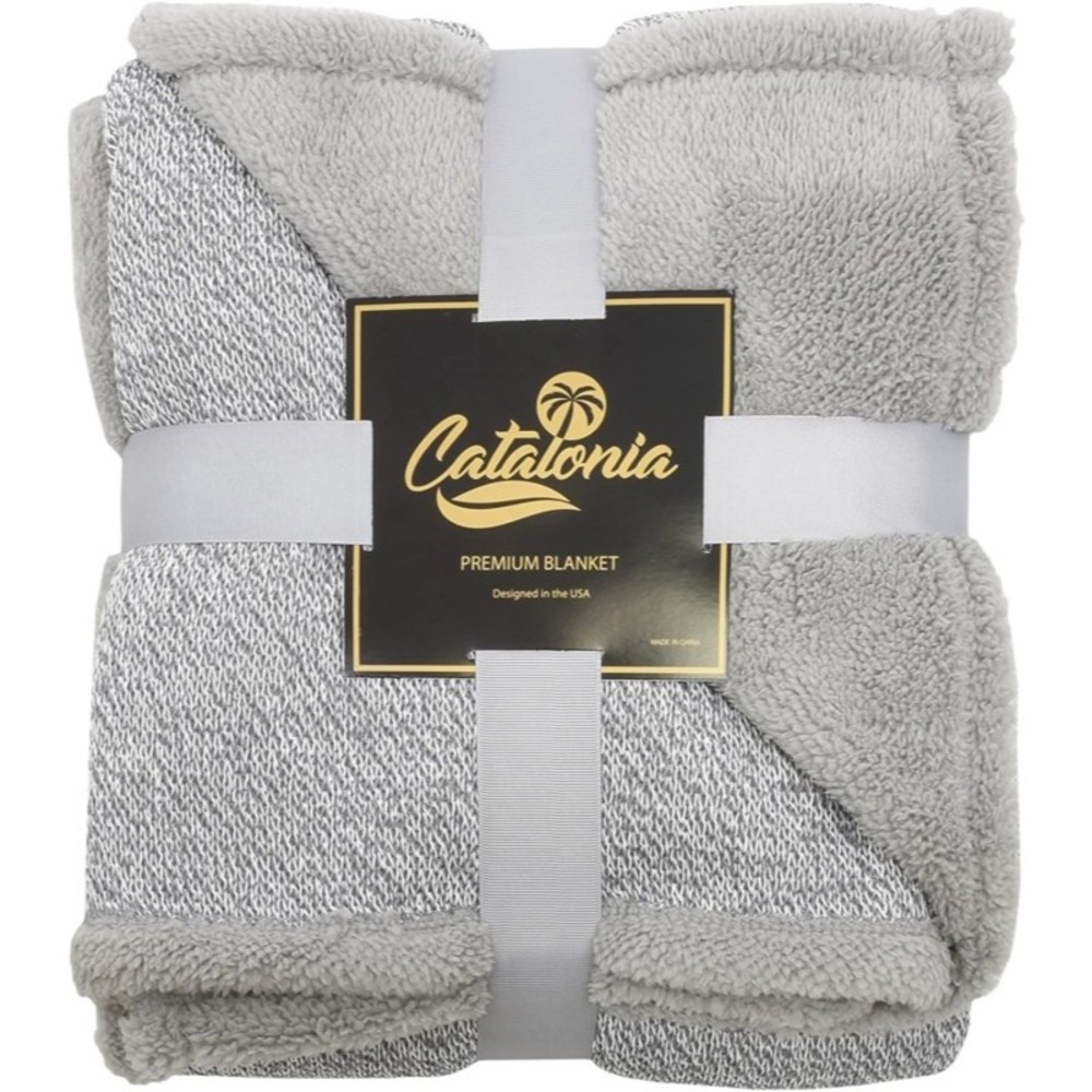 Catalonia Cable Knit Sherpa Fleece Blanket Reversible Super Soft Fuzy 60X50 Gray